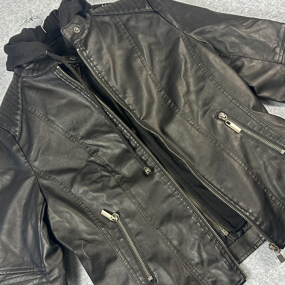 ANNVA Faux Leather Moto Biker Jacket Removable Knit Hood Womens Small Black NWT